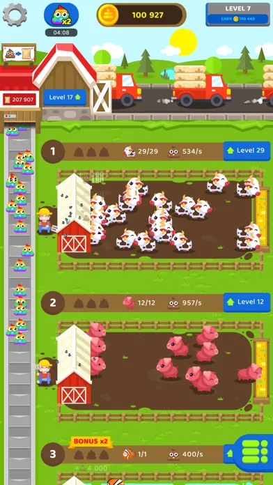 A busy farm with pens of cows and pigs and a stream of colorful droppings on the belt beside them