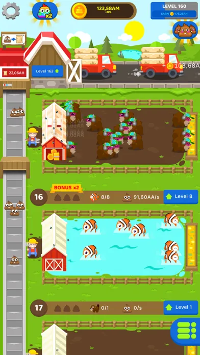 A farm level with a pond of orange fish and a pen of small creatures