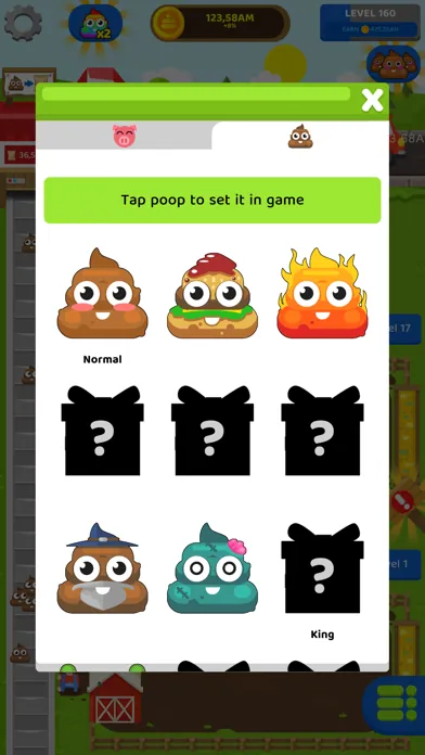 A collection menu of cartoon poo characters with locked mystery slots