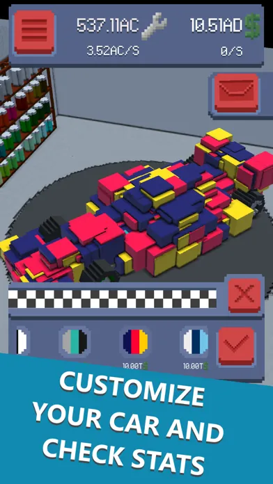 A colorful blocky race car on a paint stand with color choices