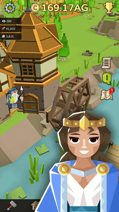 A wooden watchtower beside a river and a waterwheel with a queen in the foreground