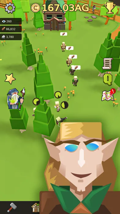 A forest clearing with villagers and an elf in the foreground
