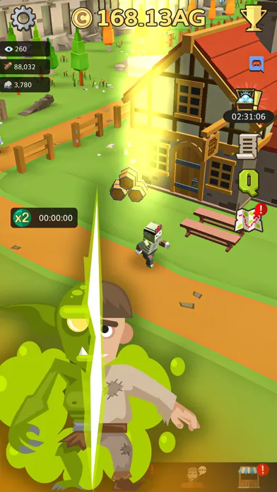 A green goblin caught by a bright slash of light beside a timber house