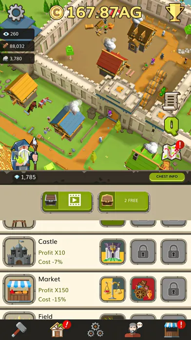 A castle town above a list of buildings you can upgrade